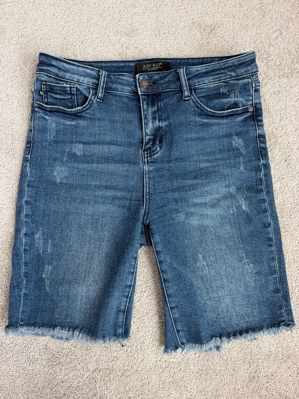 Judy Blue Mid Wash Frayed Hem Denim Bermuda Shorts - Blue